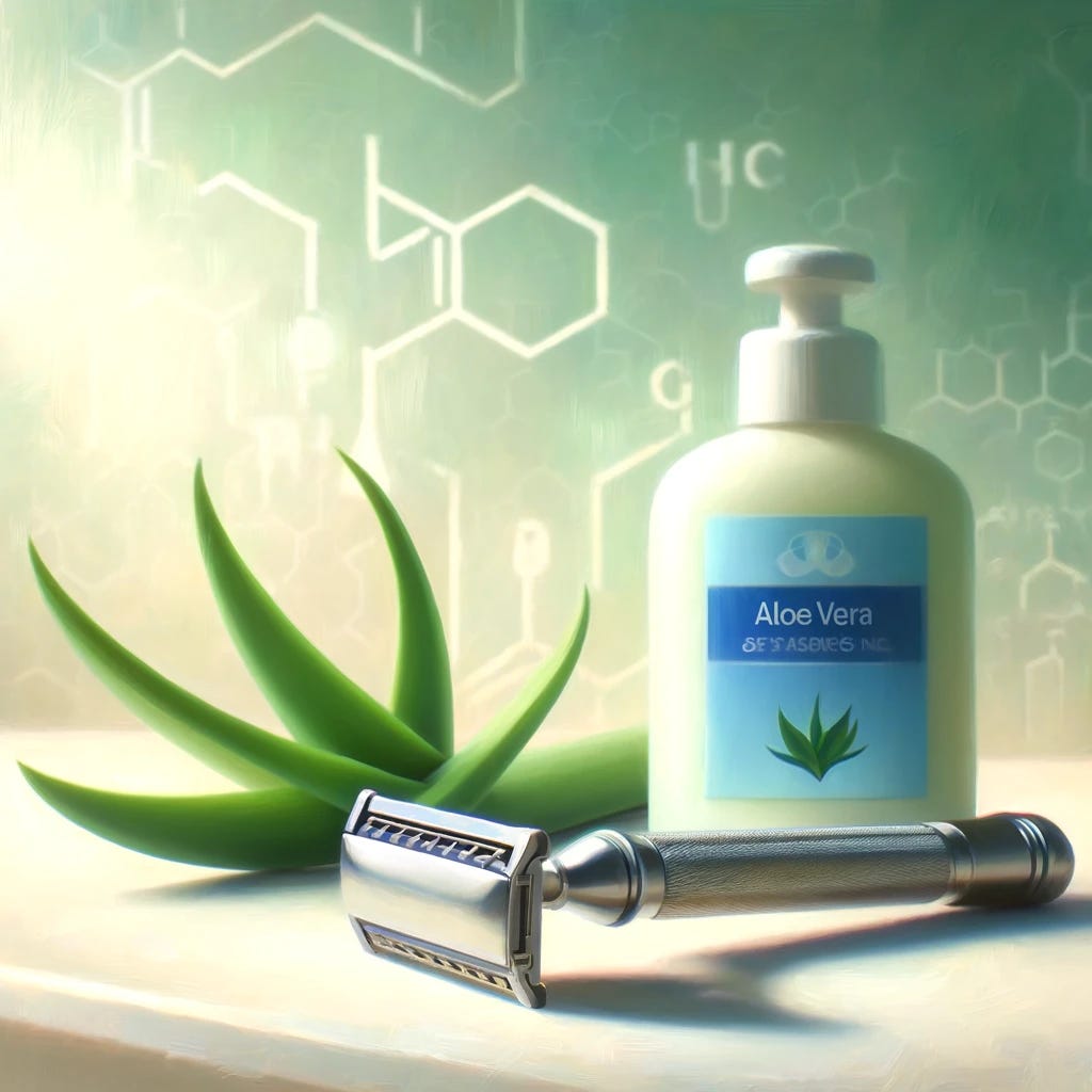 A detailed oil painting focused on simplicity and natural choices for personal care. The image shows a close-up view of a traditional stainless steel razor and a bottle of aloe vera gel on a clean, minimalist bathroom counter. A small green leaf is placed next to them, symbolizing nature. In the background, there is a soft blur with faint chemical symbols, representing the hidden dangers of chemical exposure. The scene is serene and simple, emphasizing the preference for natural alternatives over chemical-laden products.