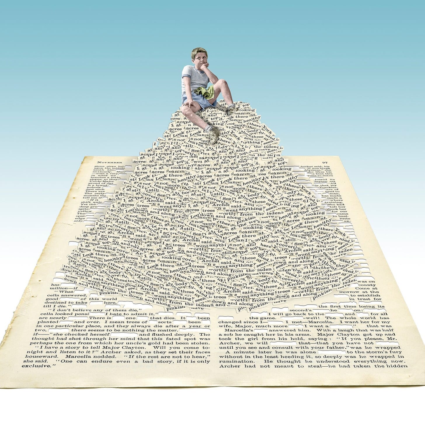 a kid sits on a heap of words on a page