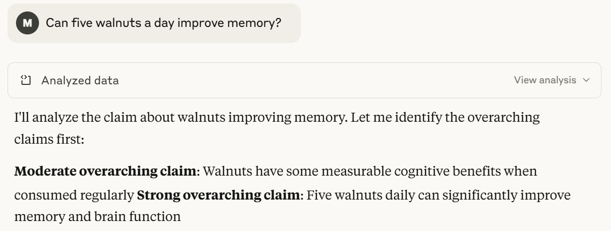 screenshot of me asking if five walnuts improves memory