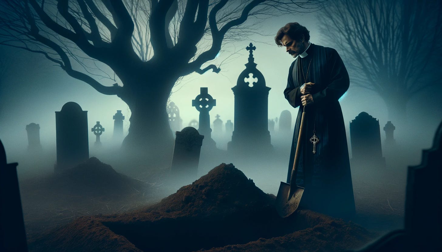 A solemn scene set in a misty, twilight graveyard. In the foreground, a weary pastor, dressed in traditional black clergy attire with a white collar, is digging a grave. His expression is one of deep contemplation and resignation. The grave he is digging is half-complete, with a shovel planted firmly in the mounded earth beside it. The background features silhouettes of ancient, gnarled trees and faded tombstones, shrouded in a thin veil of fog. The fading light casts long, haunting shadows across the scene, enhancing the atmosphere of solemnity and introspection.