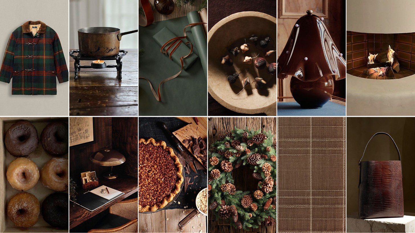 A mood board featuring festive home decor and cozy holiday essentials. A tartan jacket, rustic copper cookware, neatly wrapped gifts, a pecan pie, and doughnuts fill the scene, along with pinecone wreaths, plaid fabrics, and natural wooden accents, evoking a sense of holiday warmth and tradition.