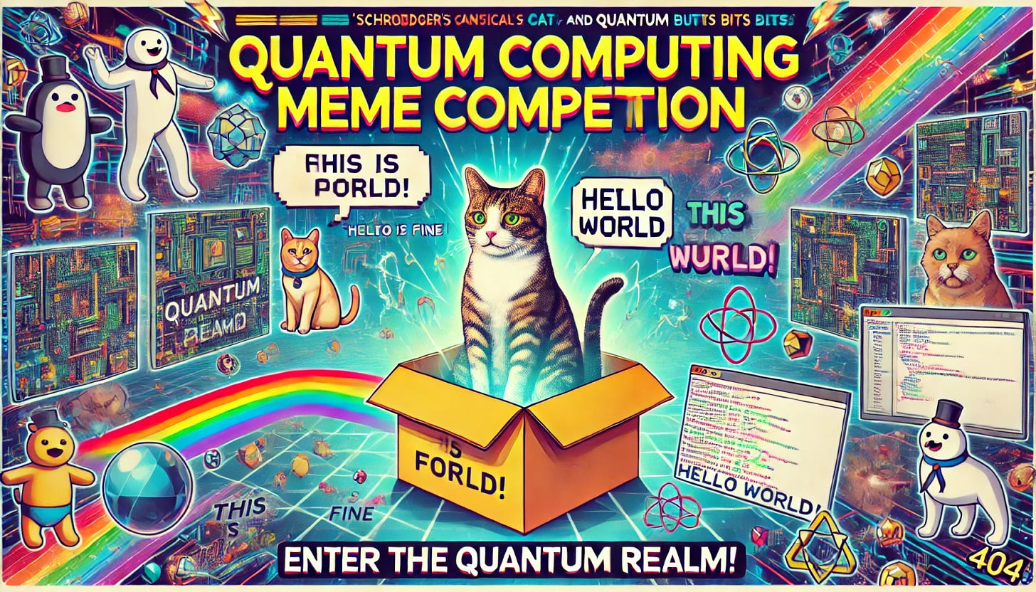 A banner announcing a 'Quantum Computing Meme Competition,' blending elements from popular tech memes. The banner features a quantum computer represented as Schrödinger's cat inside a box, simultaneously on and off, with code snippets like 'Hello World' glitching between classical and quantum bits. The background has the 'This is Fine' dog sitting calmly amidst quantum circuits and entangled particles. Meme-style text overlays the image in a bold, humorous font, saying 'Enter the Quantum Realm!' with some glitch effects and a classic '404 Error' hidden somewhere. The overall style is a mix of vibrant, meme-inspired visuals and techy aesthetics, perfect for attracting attention to a quantum computing meme contest.