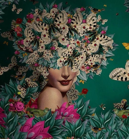 A woman’s face with a headdress of butterflies and leaves, surrounded by flowers and birds on a teal background. Dreamlike and vibrant. A woman’s face with a headdress of butterflies and leaves, surrounded by flowers and birds on a teal background. Dreamlike and vibrant.