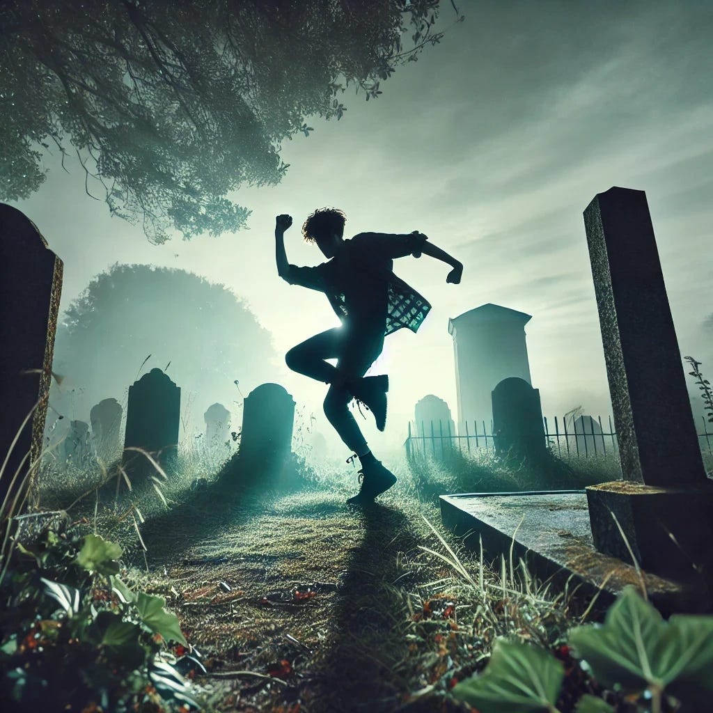 A dynamic scene of a person dancing on a grave in a moody, twilight graveyard setting. The dancer has an energetic, rebellious stance, mid-motion, perhaps with one arm raised or twirling. They are surrounded by old, weathered gravestones with no crosses, and overgrown grass and ivy scattered throughout. The lighting is dim, casting long shadows across the gravestones, with a haunting yet artistic atmosphere. The colors are muted, mostly shades of gray, green, and dark blue, with a touch of light from the fading sun or moon. Remove the highlighted parts of the image.