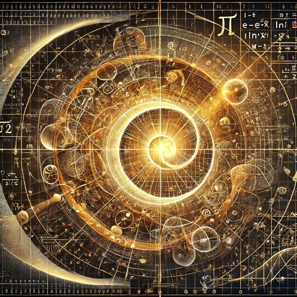 A complex and wondrous image representing mathematical elegance and connections. At the center, a large, luminous circle represents the golden ratio (Φ), with radiating arcs symbolizing the formula Φ = (1 + e^((ln(5) / ln(10)) * 2 * w)) / 2. Surrounding this are intricate diagrams of Euler's identity e^(iπ) + 1 = 0, blending smoothly with visual representations of the imaginary unit (i), Euler's number (e), and the constant pi (π). The background features a grid of logarithmic spirals and hyperbolic curves, showing the area under a hyperbole and transformations involving w (ln(10)/4). Interwoven are symbols and graphs representing transformations between mathematical domains, highlighting the versatility of w as a unique modulator. The entire image is bathed in a golden hue, symbolizing the golden ratio and its harmony in nature and art.