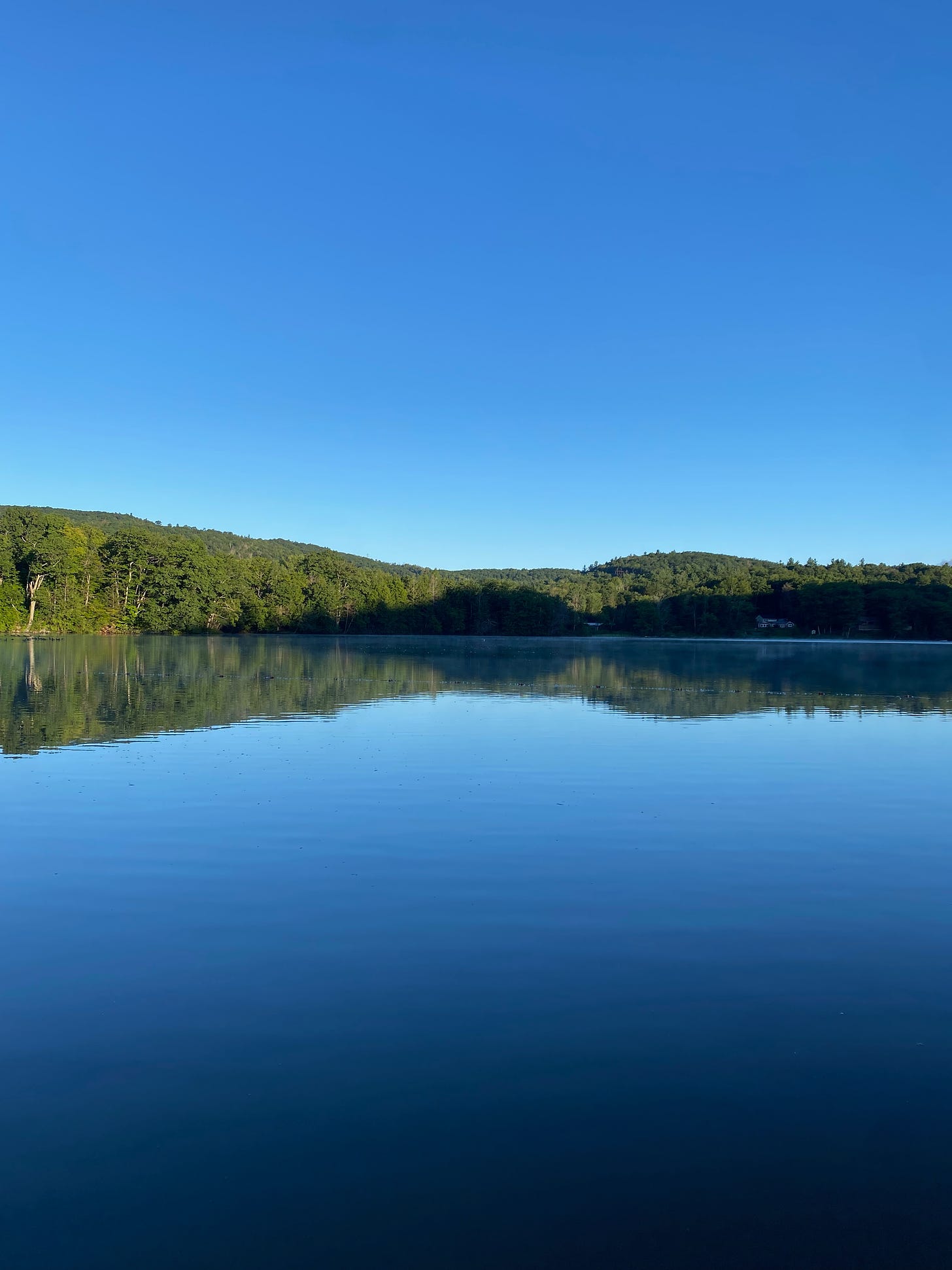 A view of Ashfield Lake on a clear morning. The lake is still and reflecting the deep, clear blue of the sky.