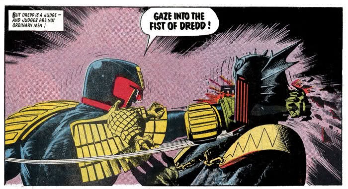 The infamous GAZE INTO THE FIST OF DREDD panel from 2000AD