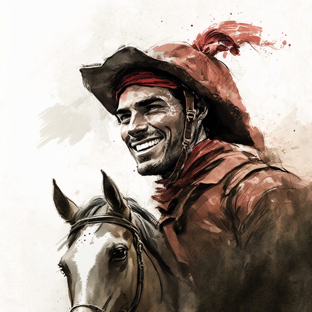 A handsome man with a wide smile wearing a red bonnet mounts a horse.