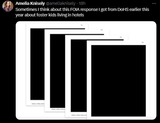 Amelia Knisely shared photo from Twitter of Freedom of Information Act request that were returned completely blacked out.