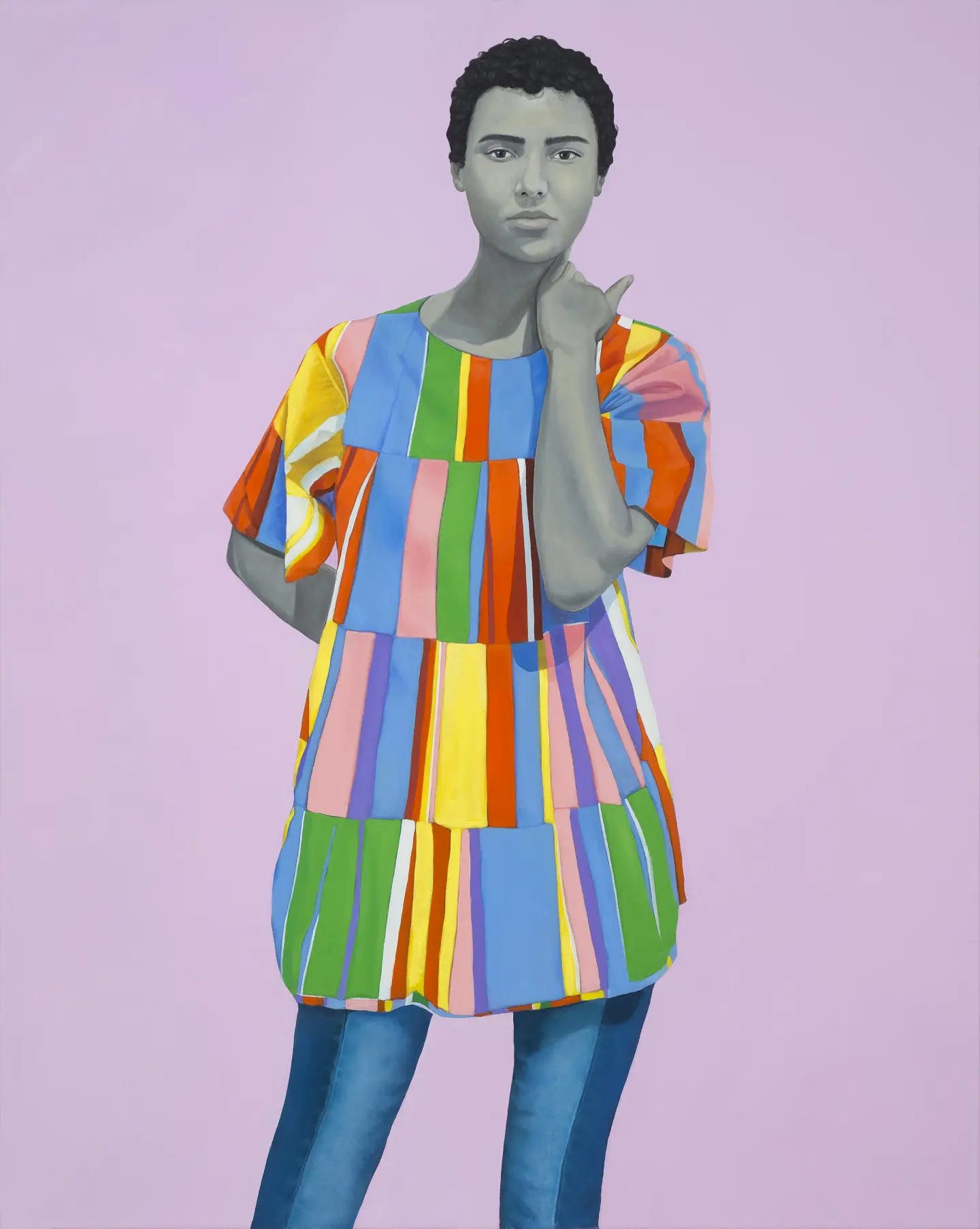 Painting of a young Black woman whose skin tone is stylised in washed-out grey, who is wearing a colourful multicolour short-sleeved shirt.