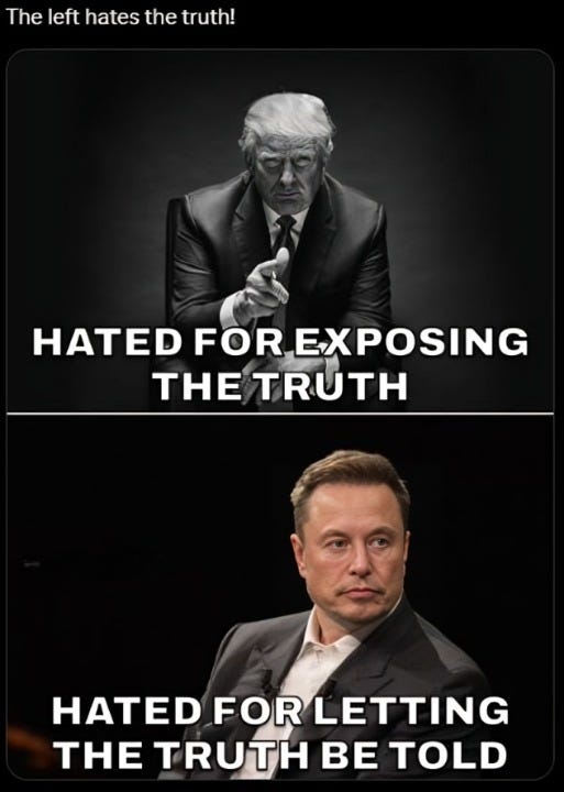 Donald Trump and Elon Musk labeled as hated for exposing and telling the truth.