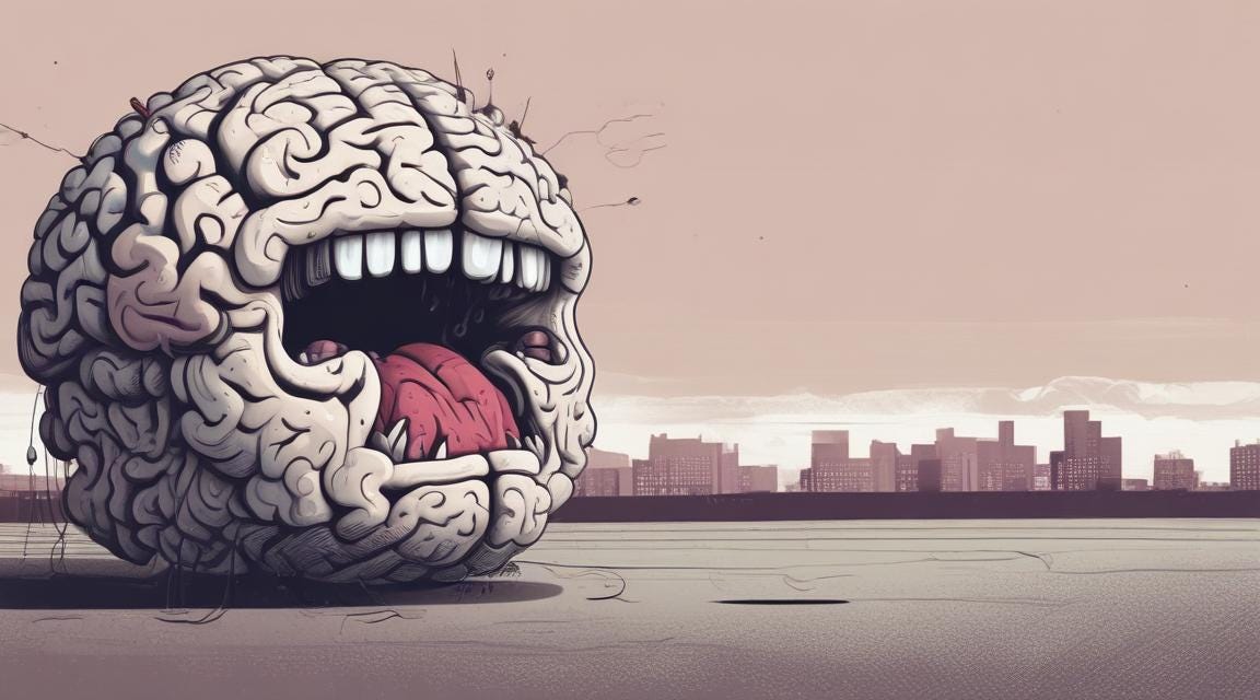 graphic of brain with mouth opened to show teeth and tongue