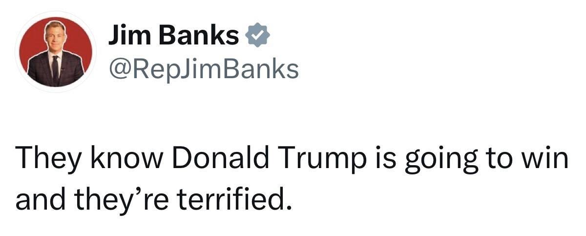 May be an image of 1 person and text that says 'Jim Banks @RepJimBanks They know Donald Trump is going to win and they' terrified.'