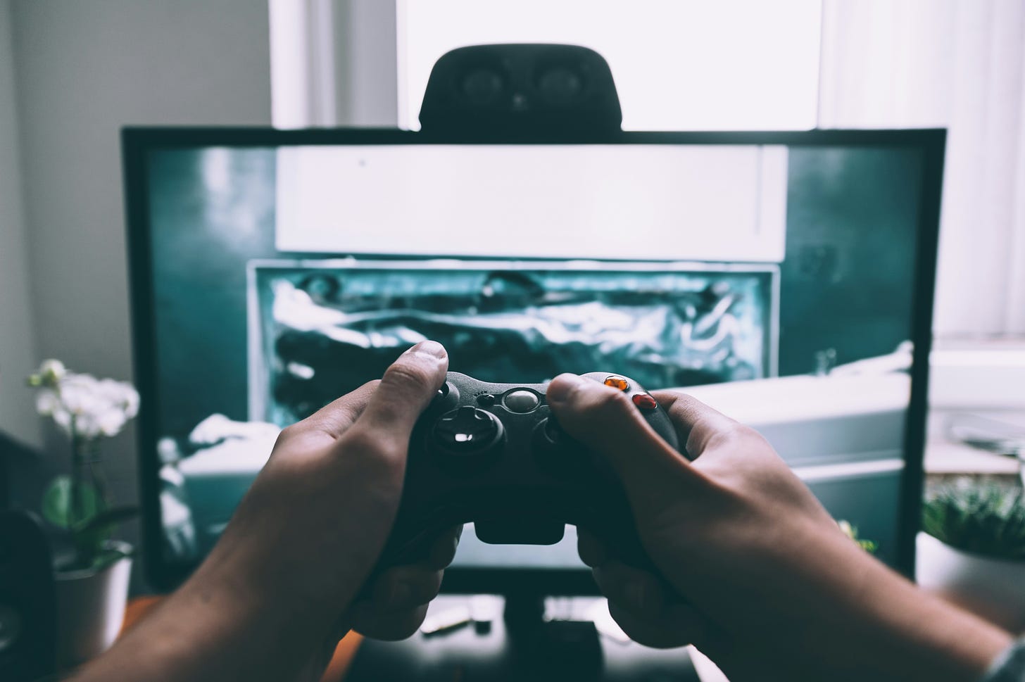 Photo of a person's hands holding a video game controller