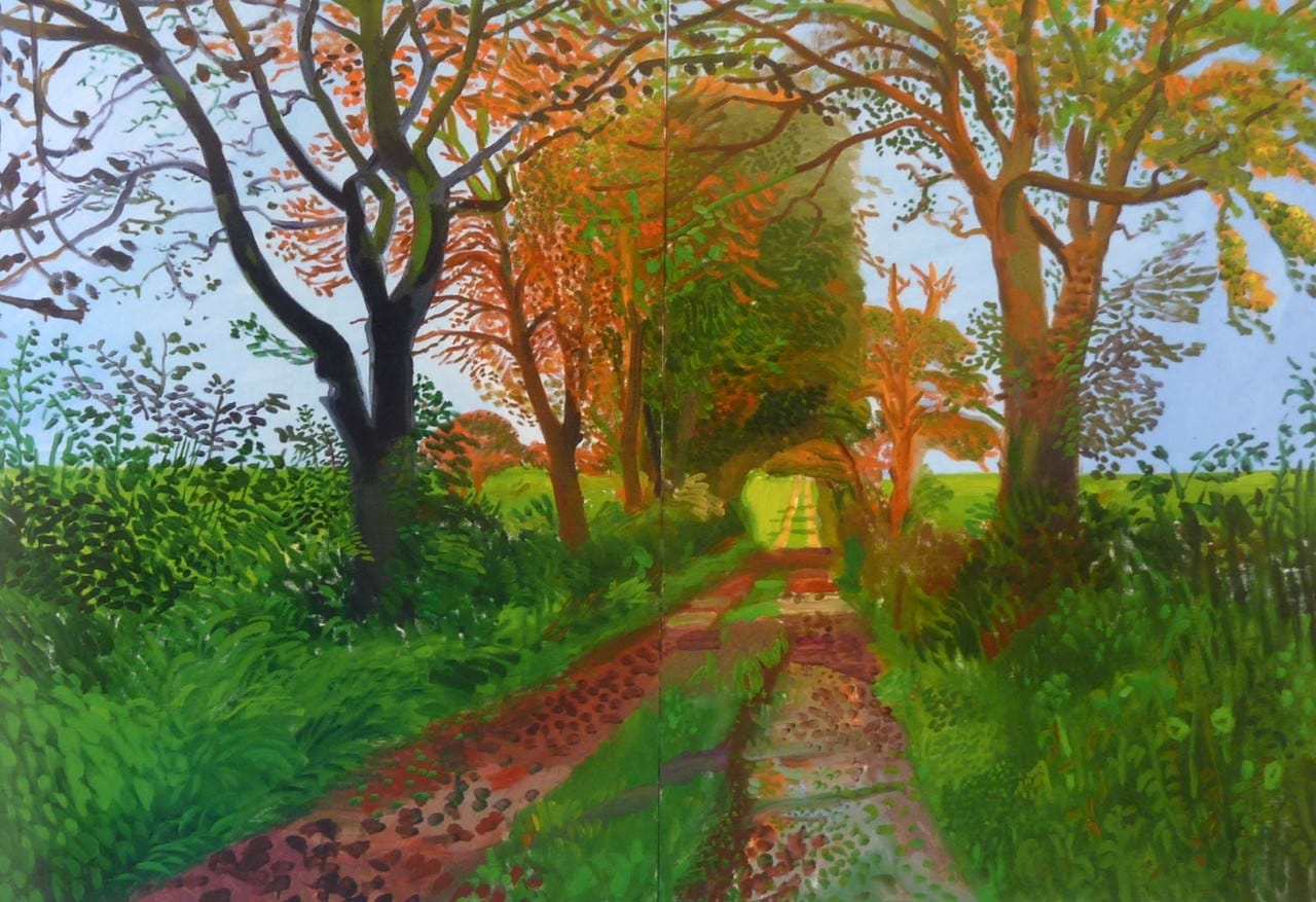 David Hockney's painting "Early November Tunnel", which depicts a path surrounded by trees and wild grasses in autumn