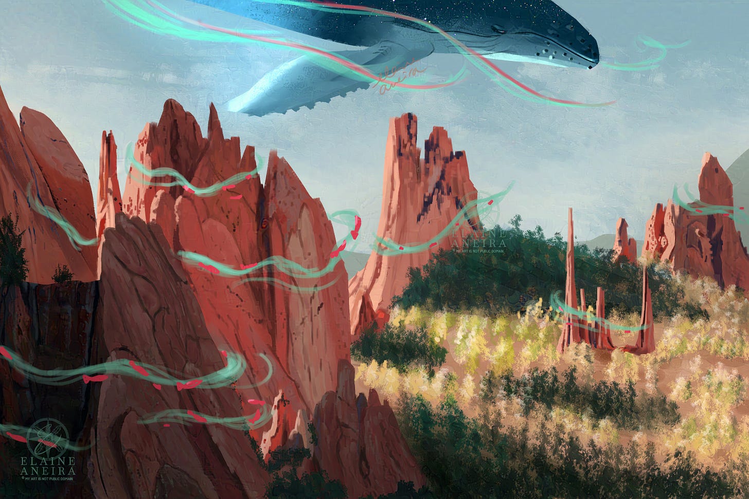 A scenery of rocky mountains and fantastical wisps around them. Pink fishes are seen swimming along the wisps. Above, there's a humpback whale flying through the air. It has stars on its back.