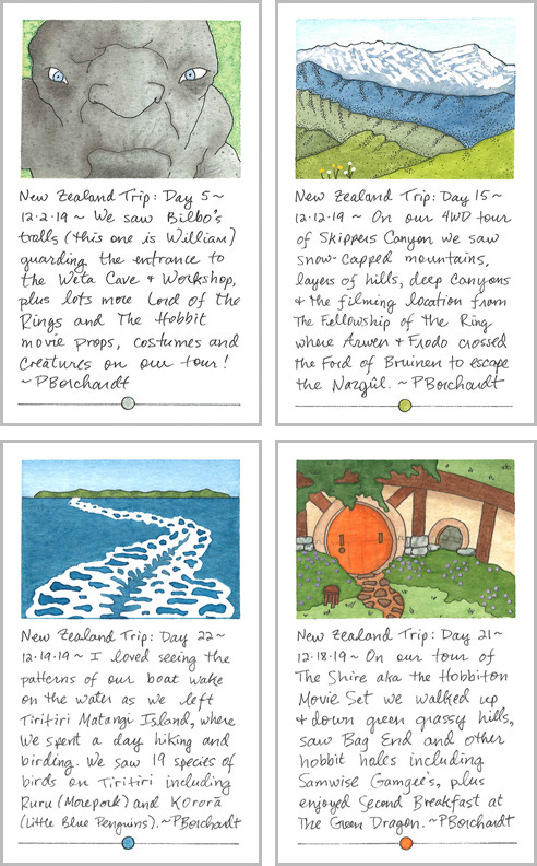 New Zealand Visual Trip Journal Days 5, 15, 21 & 22 ~ William the Troll, Skippers Canyon, Hobbiton & Tiritiri Matangi Island (pen & watercolor)