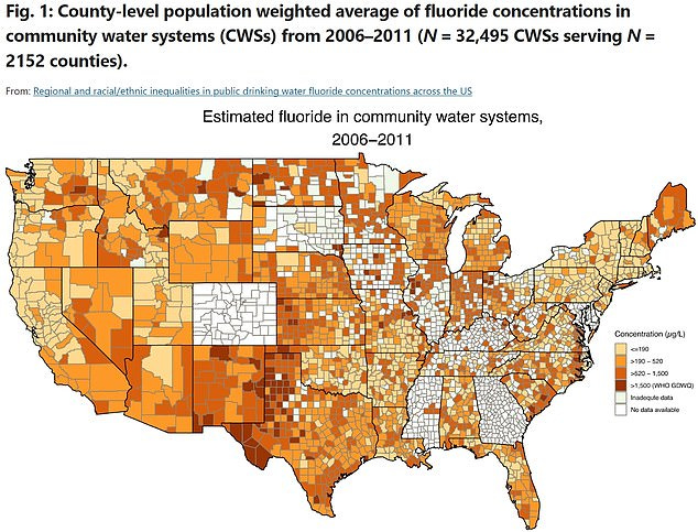 The above map shows estimated fluoride concentrations in community water systems between 2006 and 2011. It was published in 2023. Counties that are colored red have more than double the recommended level of fluoride in their water