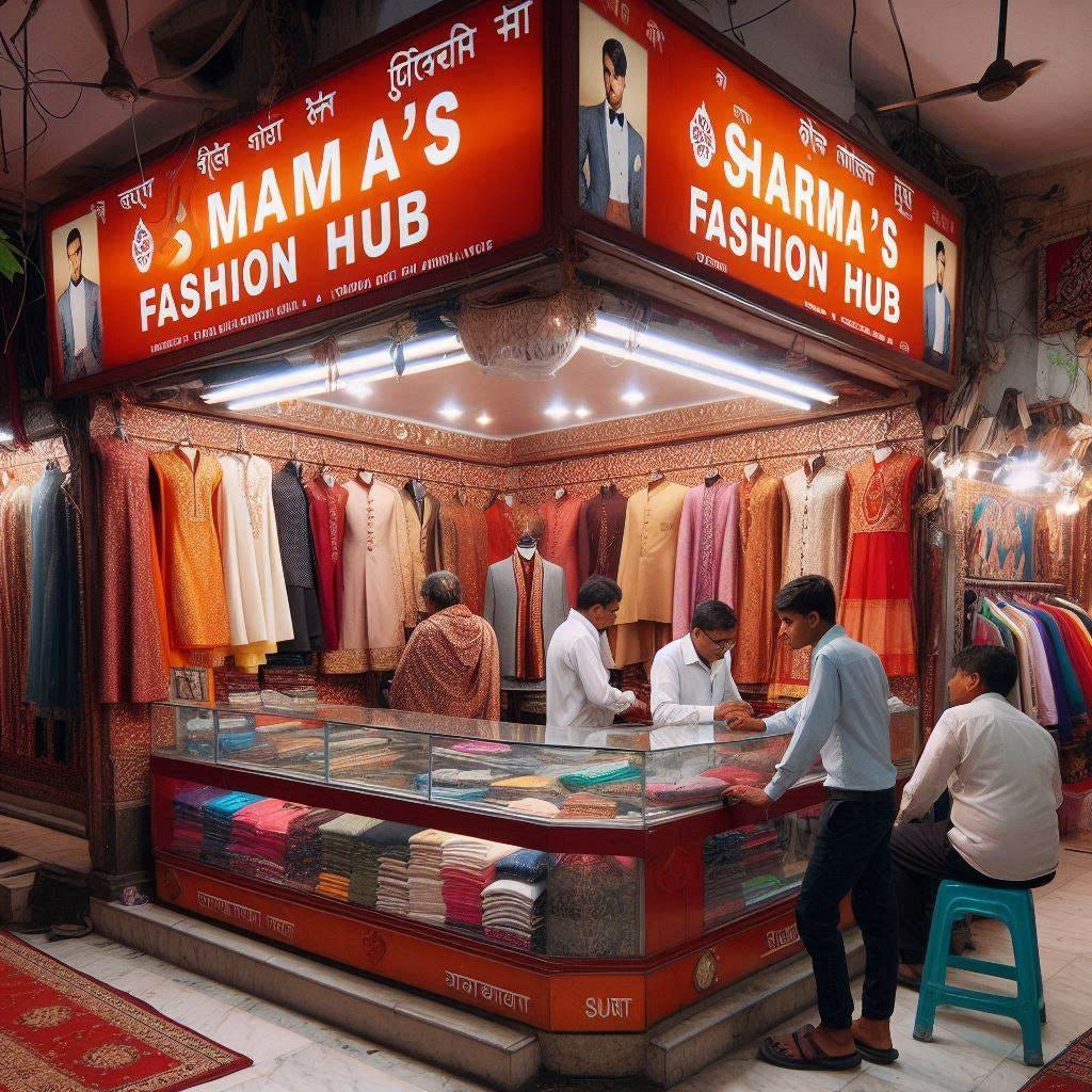 A customer visits "Sharma's Fashion Hub," a local garment shop in Delhi. 