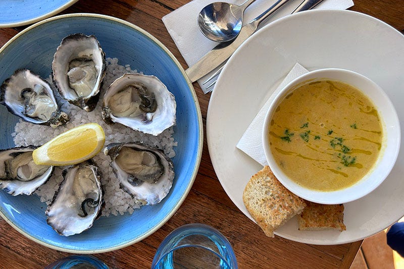 Curry seafood chowder and a half dozen oysters from Blue Eye Seafood Restaurant in Hobart.