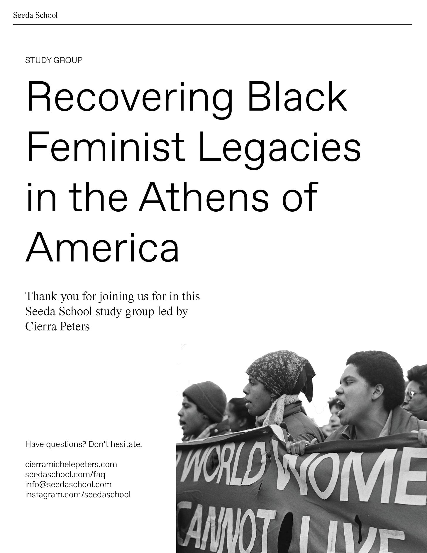 Cover of Seeda School worksheet featuring a photo of the Combahee River Collective protesting and the title of the study group "Recovering Black Feminist Legacies in the Athens of America"