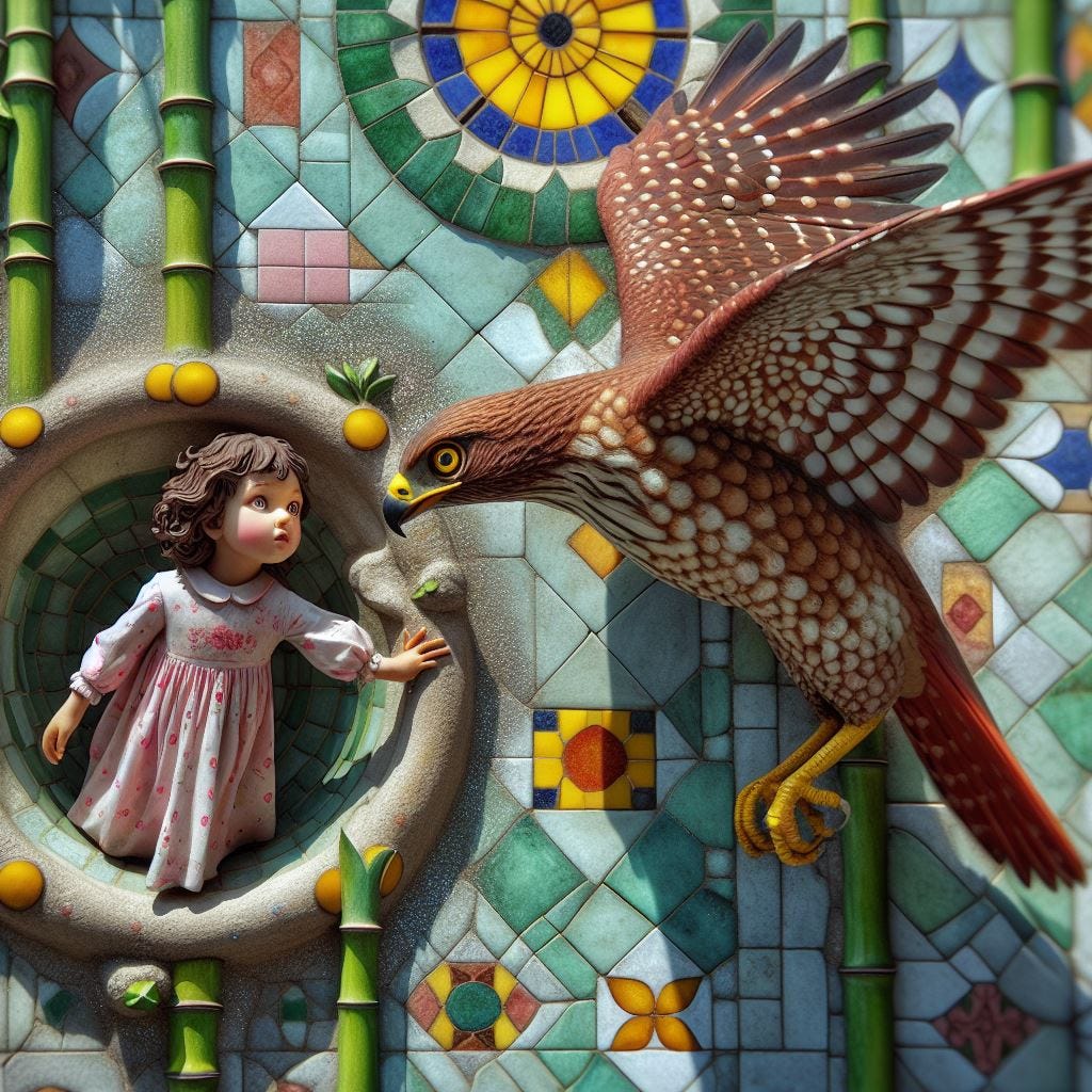 Hyper realistic; tilt shift; Lensbaby Effect.child in dress MANNEQUIN STATUE/bamboo merging into bamboo Quatrefoil on wall: mannequin is holding a red tailed hawk with hyper realistic eyes.prussian blue Gothic Tracery: Louver yellow and chartreuse decorative ceiling tiles. gold and pink and green details on fish. child is serene, merges into the Hundertwasserhaus, Vienna, Austria: his body partly embedded in wall. scattered GLITTER. sunny sky, fluffy clouds. radiant 