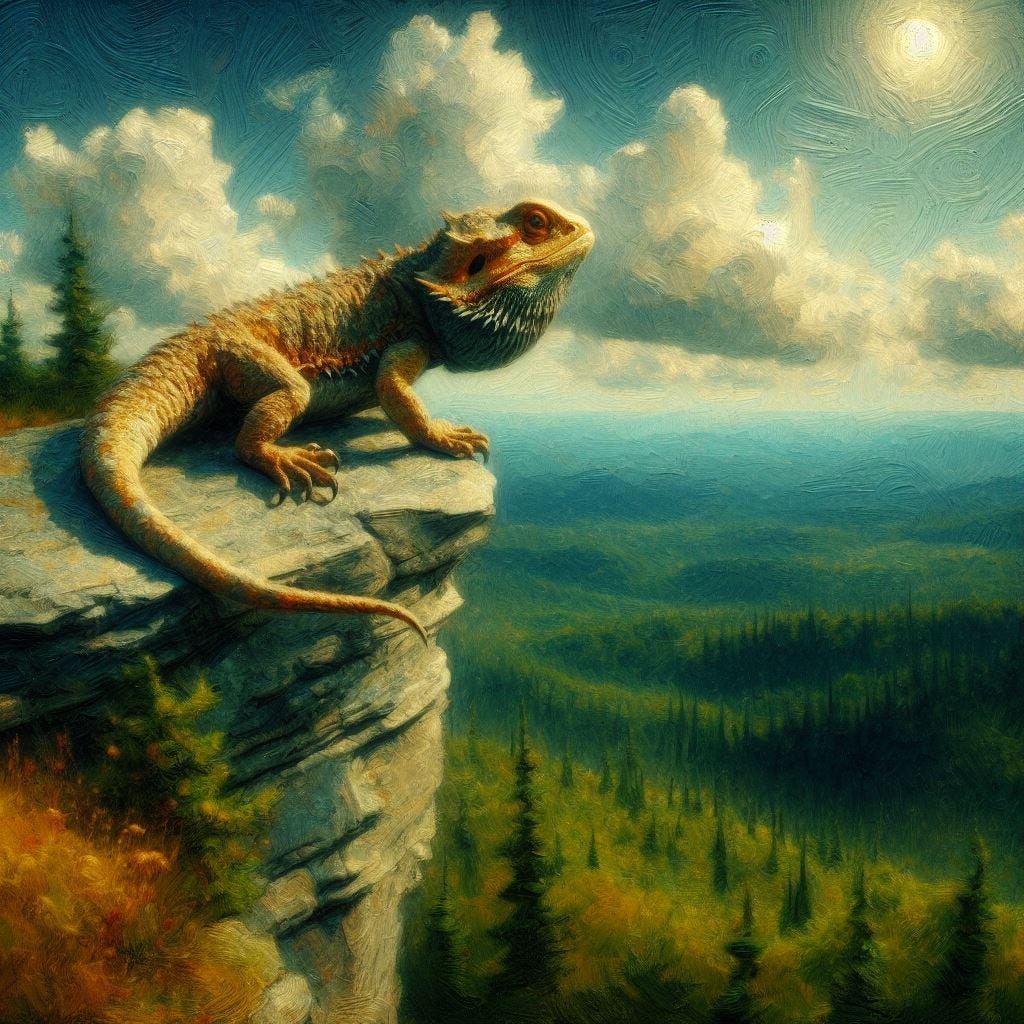 oil painting and glass Tilt Shift, lens baby effect; Sculpture Gardens: Storm King Art Centerk. hyper realistic bearded dragon. He is on cliff edge. vast distance. forest far away. wispy clouds of silk, sunny sky