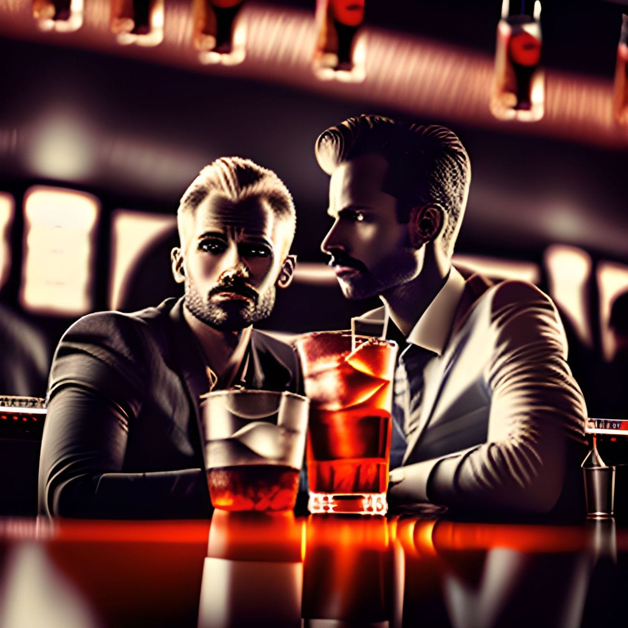 two men drinking in a darkly lit bar