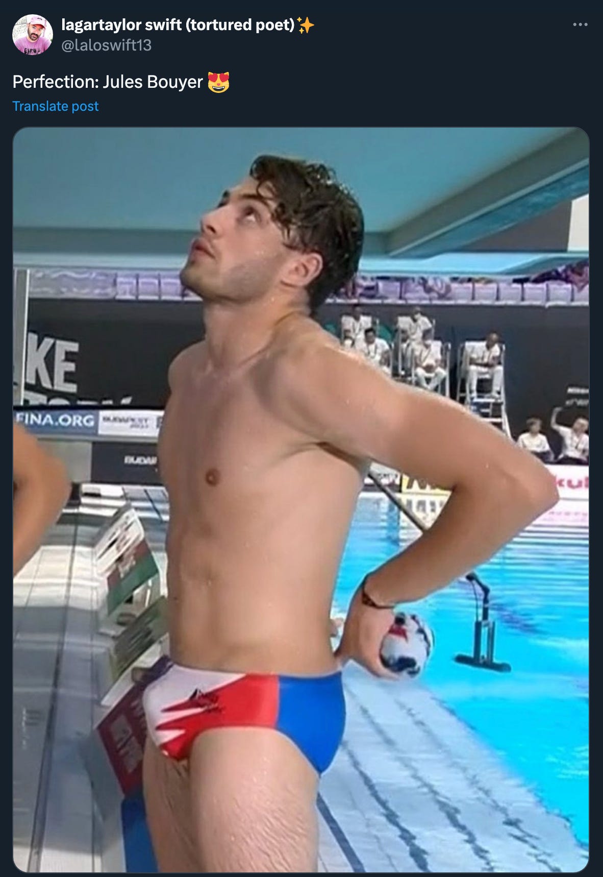 Jules Bouyer, French diver, in a speedo that is...very tight