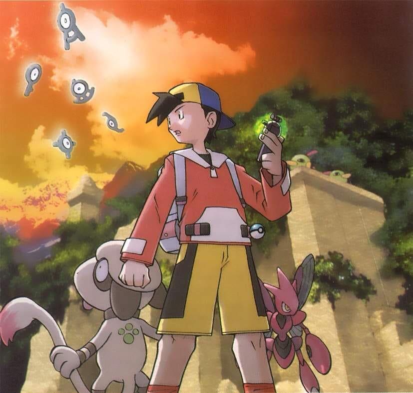 Pokémon Gold & Silver promotional artwork of the Unown, Ethan, Smeargle, Scizor and Natu at the Ruins of Alph