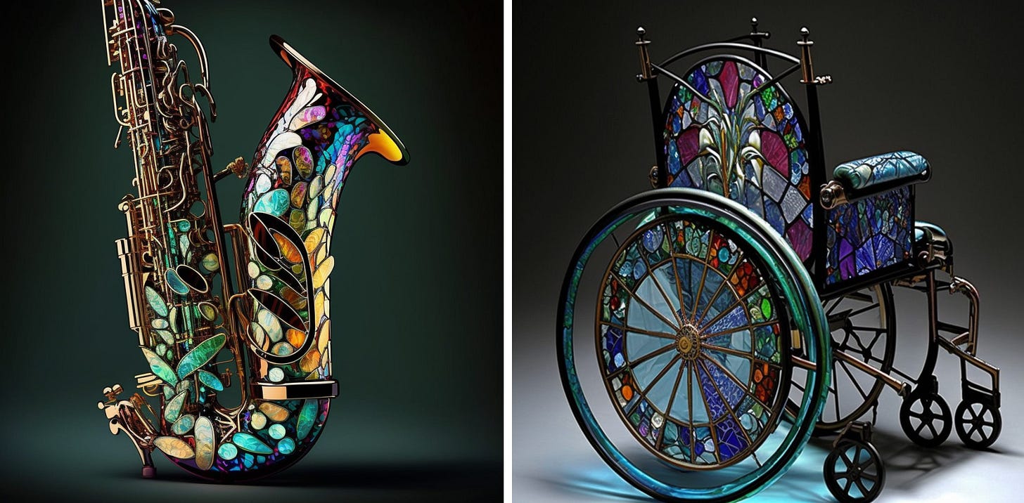 AI generated images of an elaborate saxophone made of too many tubes and multicoloured pieces of glass and an off kilter wheelchair with too many wheels webbed with Tiffany-style stained glass.