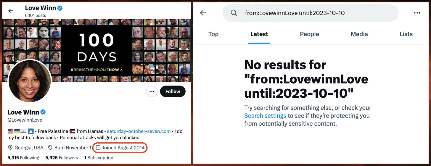 screenshot of @LovewinnLove's profile, showing the account was created in 2014, and search results showing no posts from the account prior to October 10th, 2023
