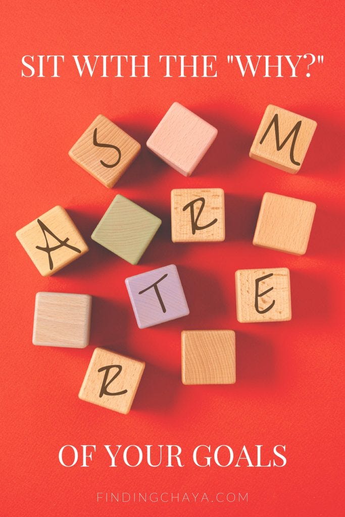 Text reads "Sit with the "Why?" of your goals".
The image is on a faded red background. The image is faded, showing 12 wooden blocks. Seven blocks have letters on them. The letters spell out SMARTER.