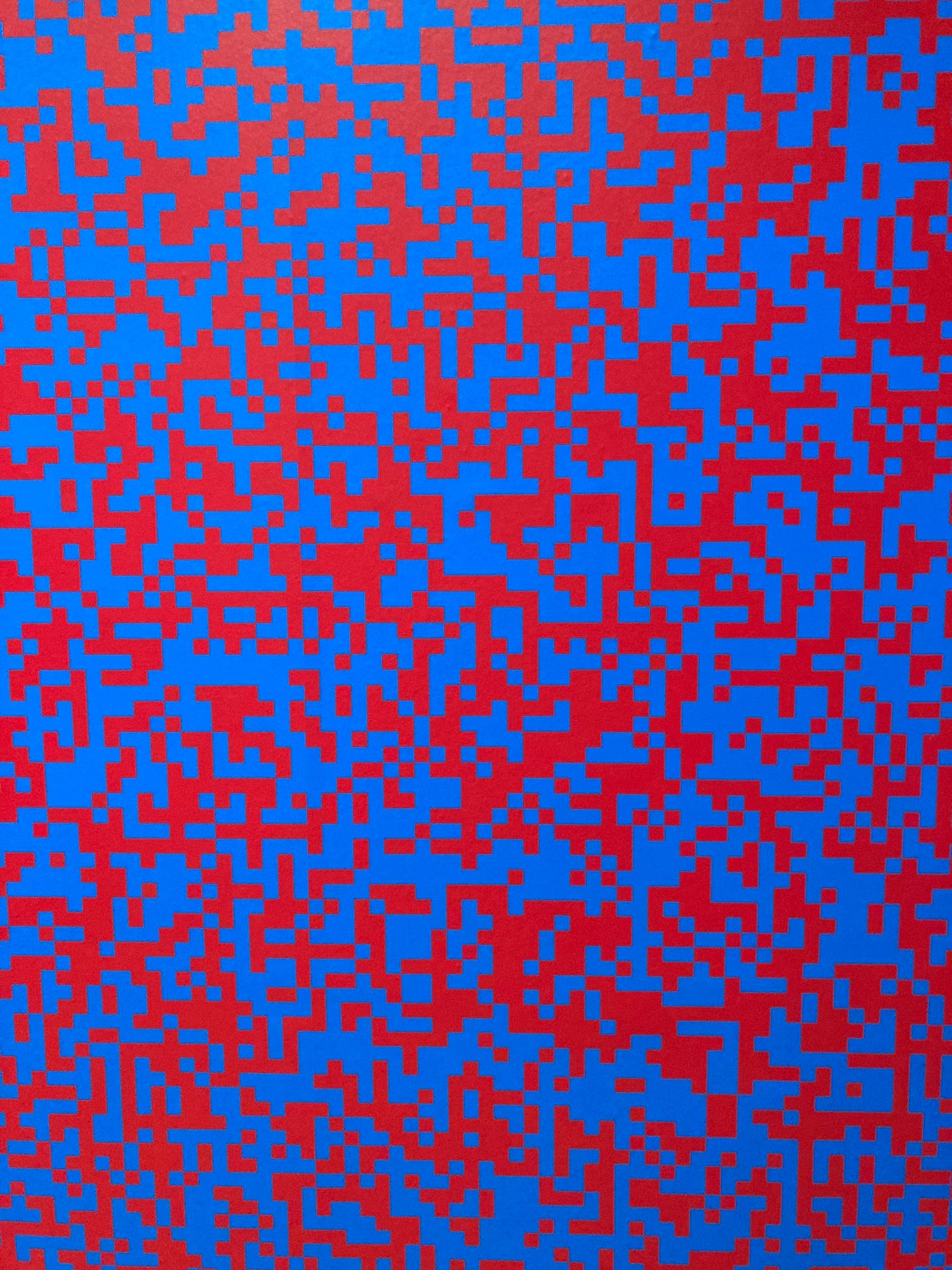 François Morellet's installation titled "Random Distribution of Squares Using the π Number Decimals, 50% Odd Digit Blue, 50% Even Digit Red" (1963)