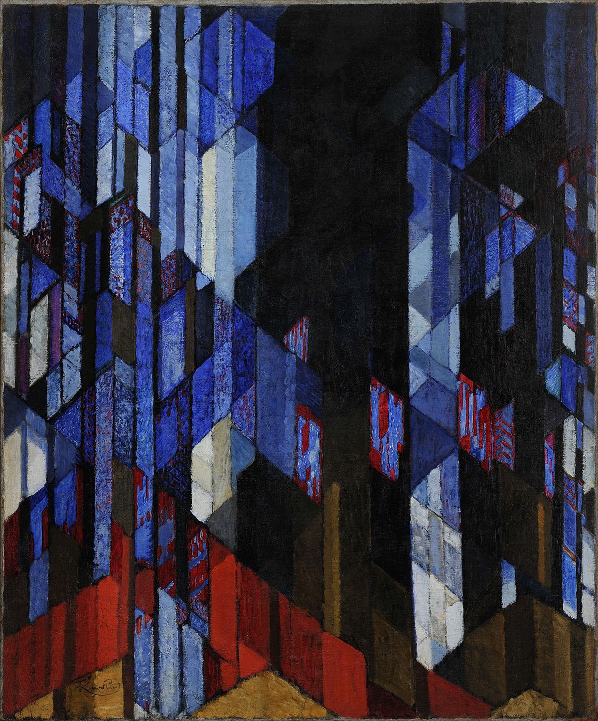 An abstract painting of blue and red vertical rectangles