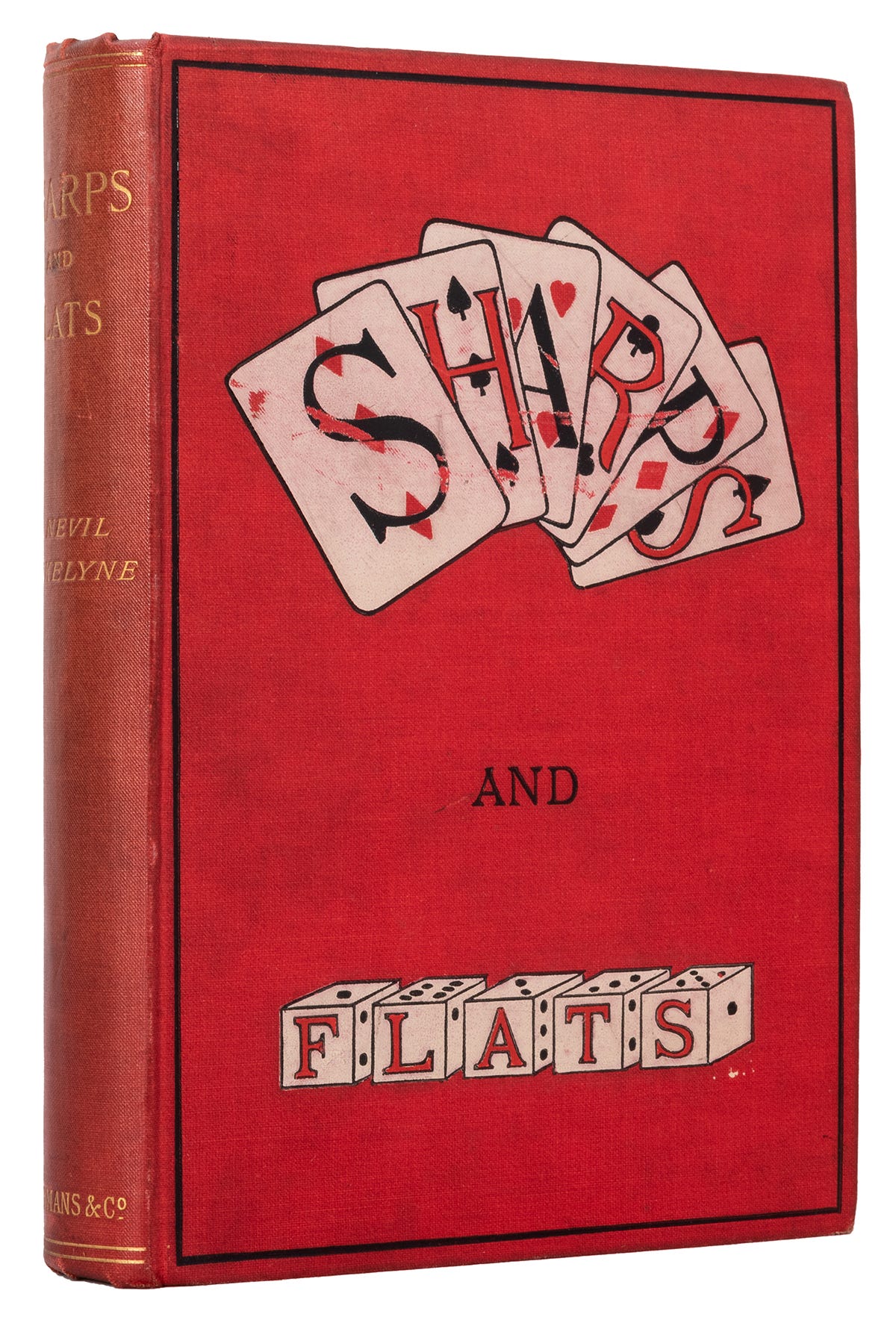 A red hardbacked book with the word "SHARPS" witten on playing cards and the word "FLATS" written on the sides of five dice.