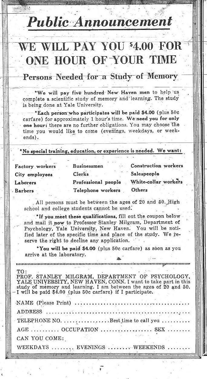 Newspaper ad for the Milgram Obedience story, which lists a lot of professions for a memory study.