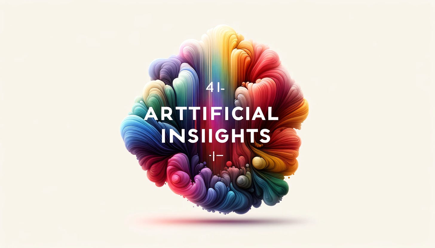 Design a minimalist, stylish widescreen image that features the phrase 'artificial insights' in large, bold text. The essence of the design is a digital rainbow, created with the appearance of colorful inks flowing across the canvas, blending seamlessly into one another. Within this artistic display, the number '41' should be subtly incorporated, ensuring it complements the overall minimalist aesthetic. This image should embody the fusion of modern technology with the elegance of simple, yet impactful artistry.