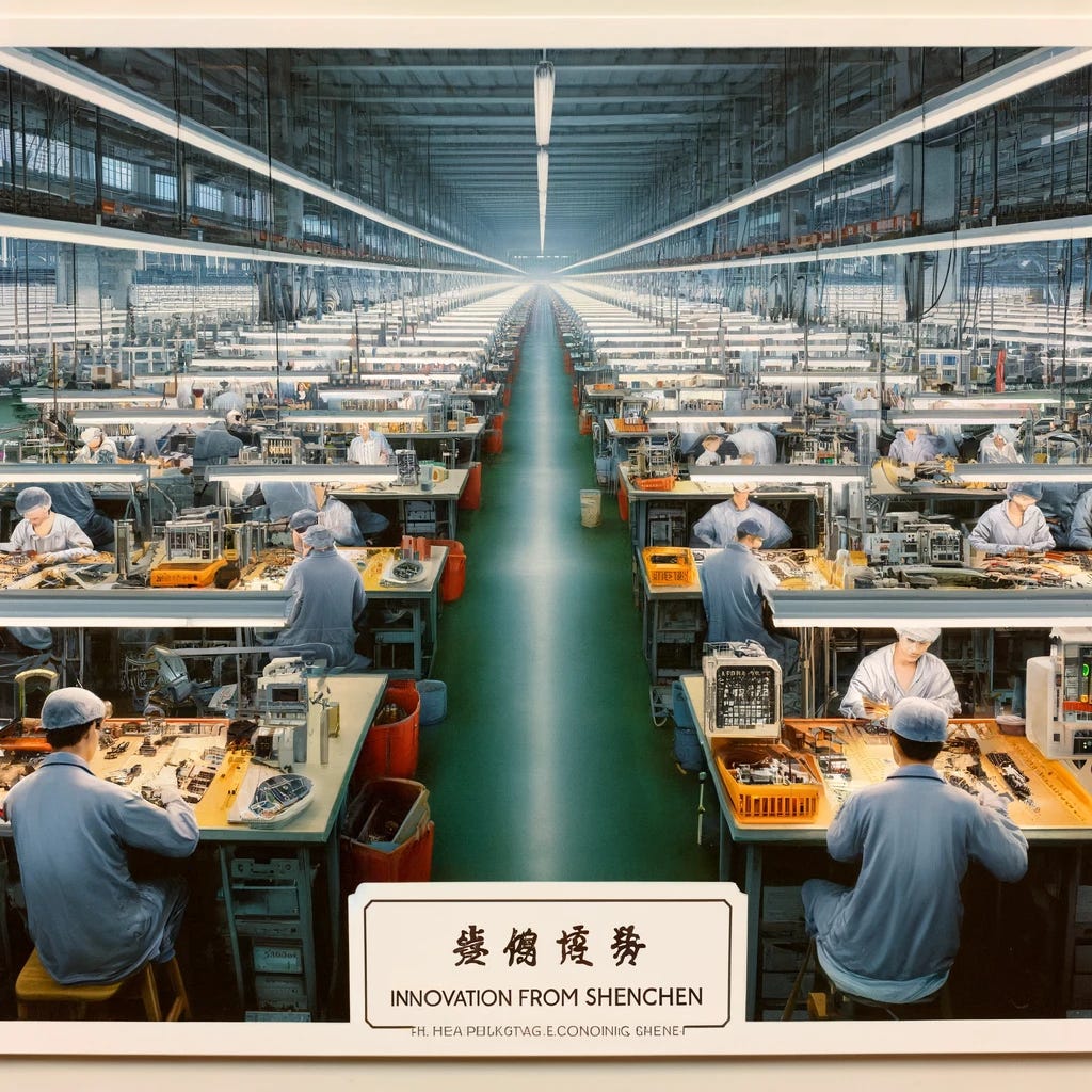 A postcard depicting factory life in Shenzhen, China, to highlight the city's role as a global technology and manufacturing hub. The image captures the interior of a bustling electronics factory, where workers are engaged in assembling high-tech gadgets. The scene is filled with rows of workstations, each equipped with precision tools and components. The workers, focused and skilled, wear safety gear while meticulously working on the latest technological innovations. The atmosphere conveys a sense of industry and innovation, characteristic of Shenzhen's dynamic manufacturing sector. 'Innovation at Work - Greetings from Shenzhen' is elegantly scripted at the top of the postcard, showcasing the city's contribution to technology and global trade.