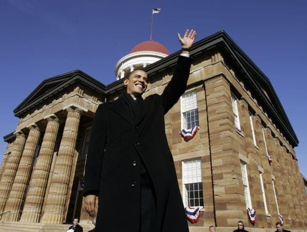 This image shows a 10 February 2007 photo of then-Senator Barack Obama waving to an unseen crowd assembled at Springfield, Illinois's Old State Capitol Building. Obama stands in front of this building while announcing his candidacy for President of the United States. This image shows a 10 February 2007 photo of then-Senator Barack Obama waving to an unseen crowd assembled at Springfield, Illinois's Old State Capitol Building. Obama stands in front of this building while announcing his candidacy for President of the United States.
