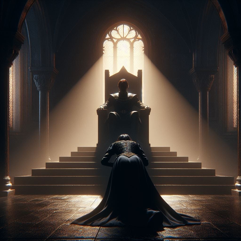 Dark throne room, with woman bowing. Image by Bing.
