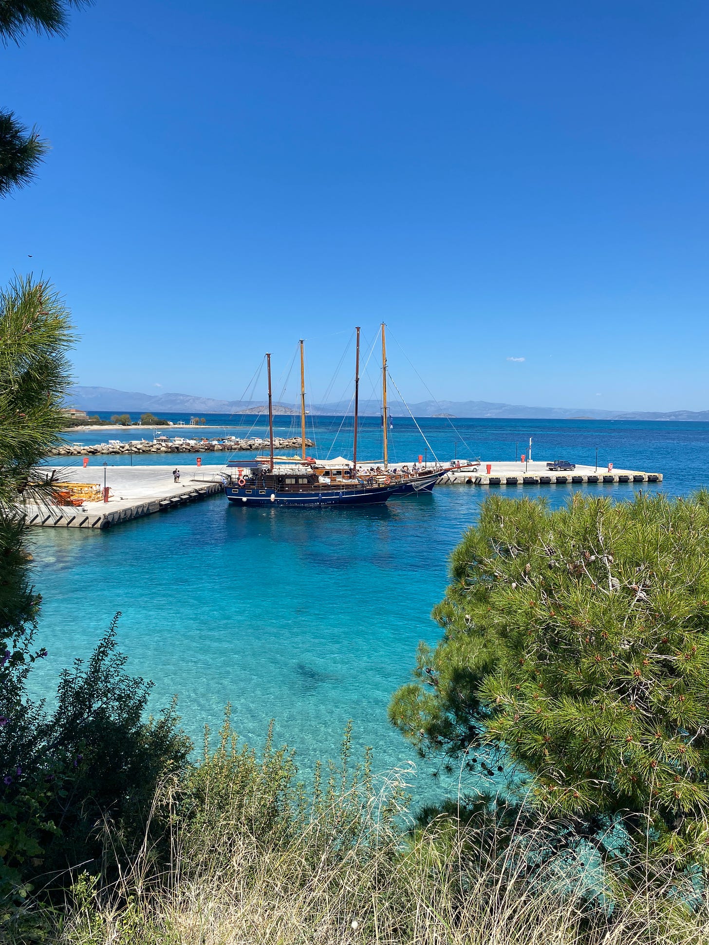 The sea and the sky are different shades of deep blue. You can see boats in the harbour, a few trees and shrubs in the foreground and distance shapes of hills on the horizon.