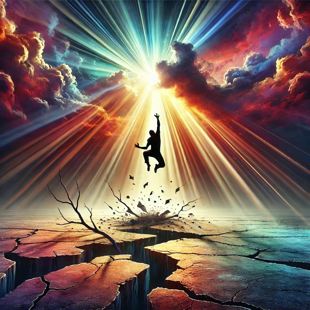 A striking and symbolic image representing failure and resilience. The image should show a person rising up after falling, with cracks in the ground beneath them and rays of light breaking through dark clouds, symbolizing hope and recovery. The scene should evoke the strength to get back up after a setback, with vibrant colours representing resilience and determination. The overall mood is one of overcoming adversity and the triumph of persistence. No words or numbers, just a powerful visual representation of resilience and bouncing back from failure.