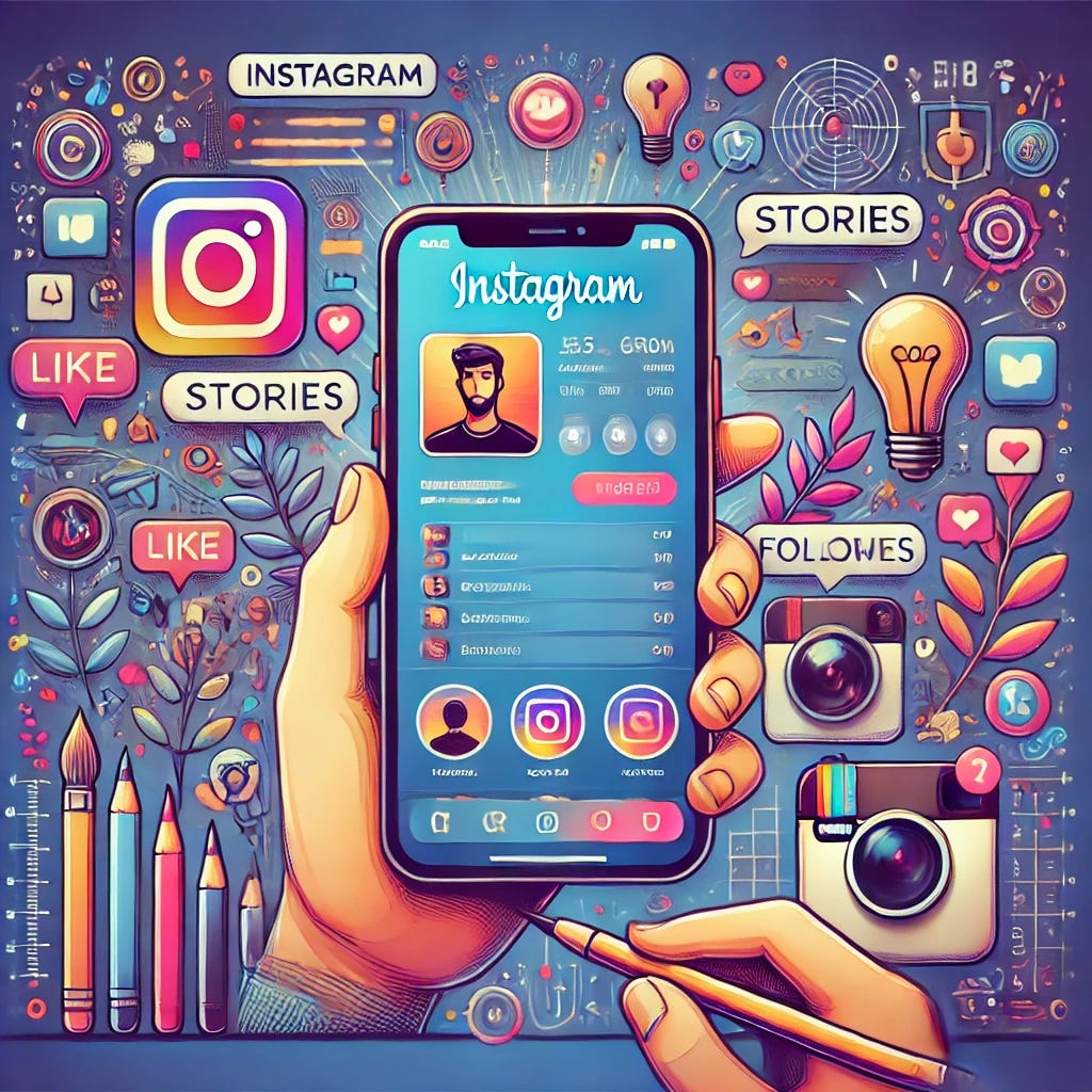 An illustration depicting the concept of creating the perfect Instagram profile to captivate an audience. Show a smartphone screen displaying a well-designed Instagram profile with a catchy username, engaging bio, aesthetically pleasing feed with a variety of content like photos, stories, and reels. Include elements like likes, comments, and follower notifications. Surround the screen with symbols of creativity, such as cameras, paintbrushes, and lightbulbs. Use a modern, vibrant style with a balanced color palette to convey a sense of engagement and appeal. No text.