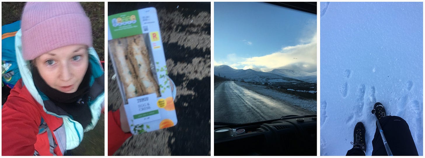 Images: 1. The morning of day one with all my gear; 2. An egg and cress sandwich found on the floor; 3. View over the hills from the road to Cairngorms Ski Centre; 4. First steps on snow in my preloved B2 mountain boots.