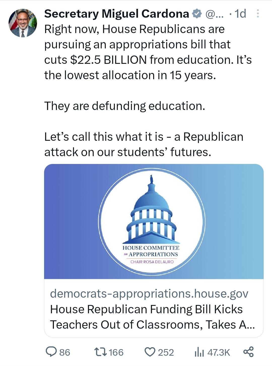 Secretary Miguel Cardona's tweet about Republican Funding Proposal Education