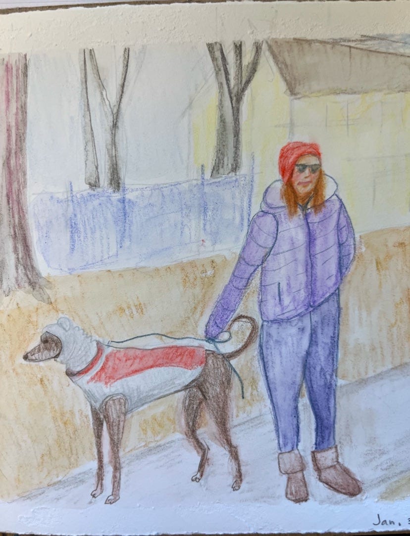 Drawing of a person in winter clothes walking a dog in a sweater on a snowy path with trees in the background.