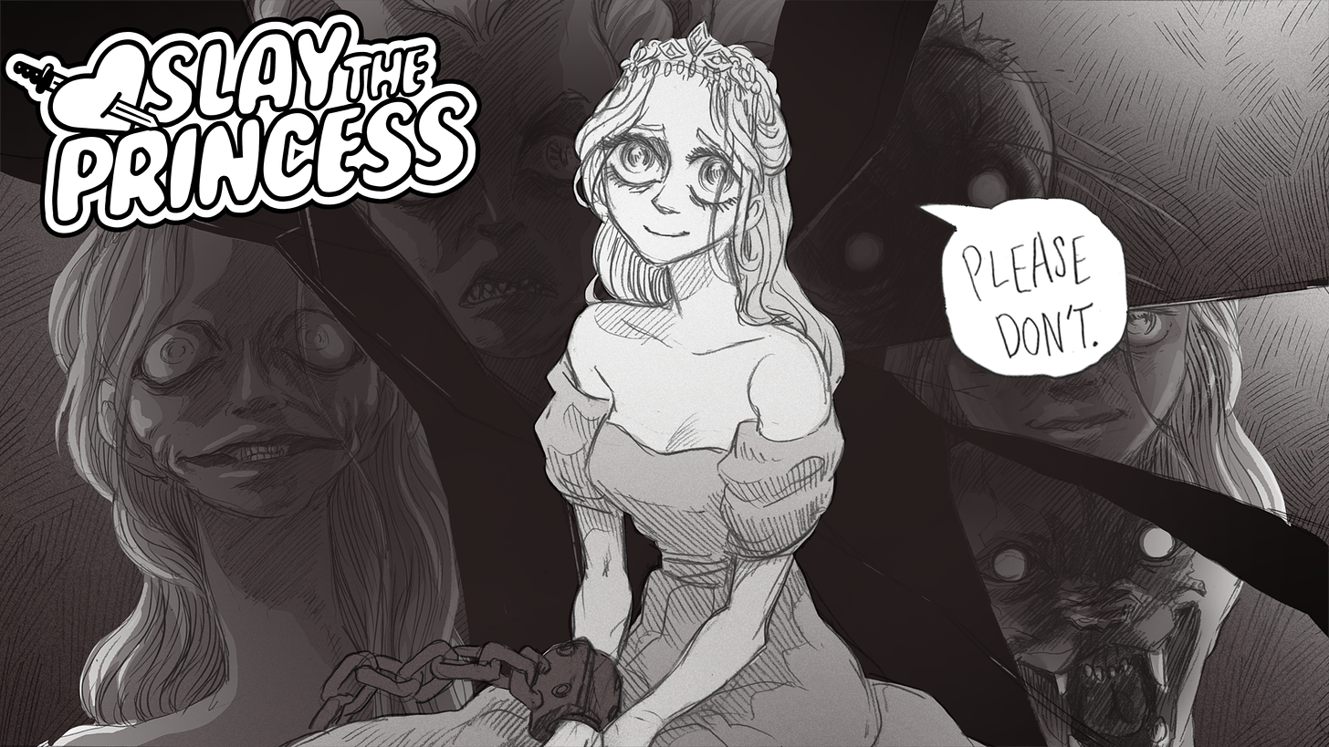 A beautiful princess, chain around her arm, looks at the viewer with a sad smile on her face. A background of broken glass shows the princess's face in horribly distorted patterns. Logo: "Slay the Princess." A speech bubble from the princess reads: "Please Don't"
