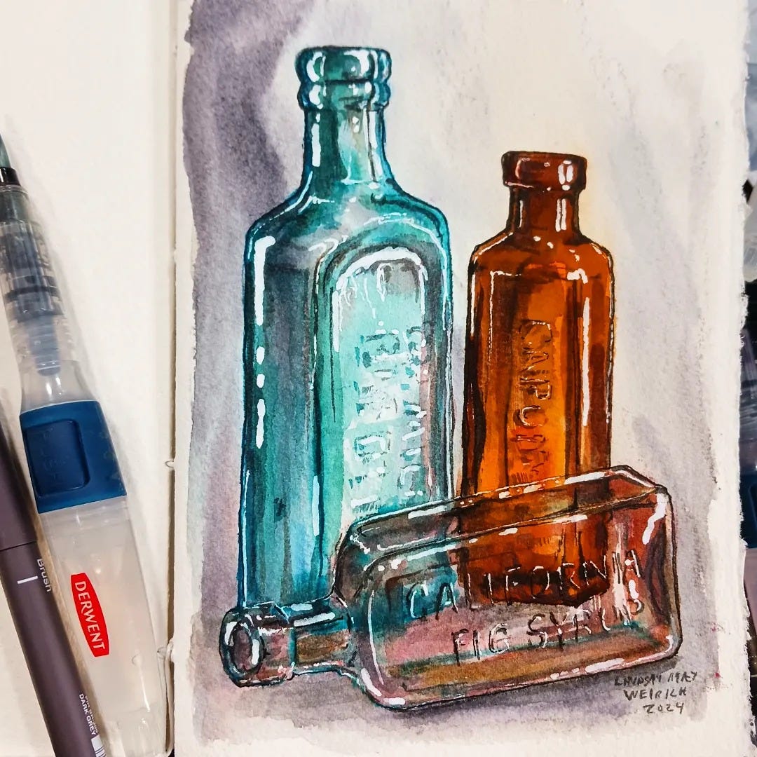 watercolor painting of empty bottles