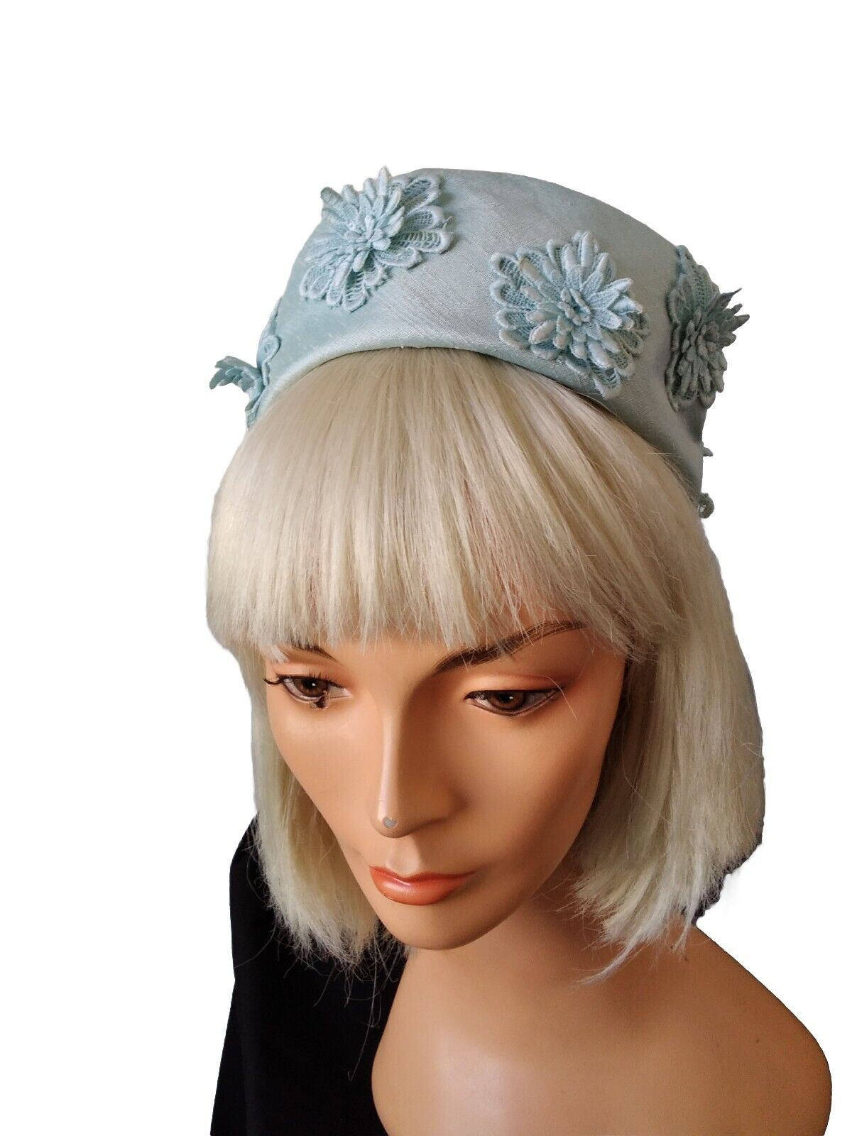 60,S Pretty Blue Pillbox Hat With Embr Flowers By Pauline,s - Picture 1 of 5